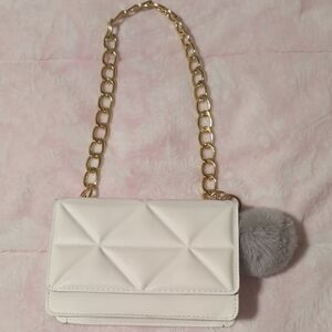 Chic White Quilted Crossbody Bag with Gold Chain And Pompom